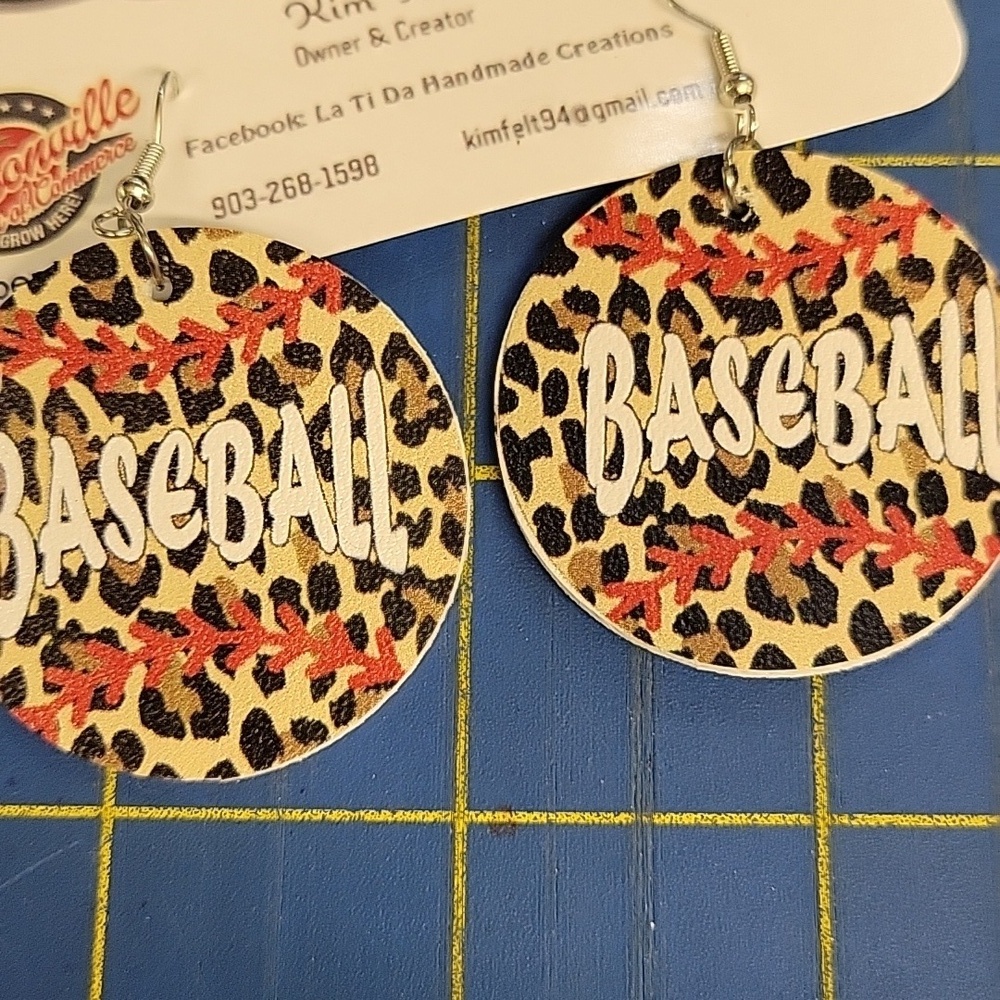 Leopard Baseball Pleather Round Earrings